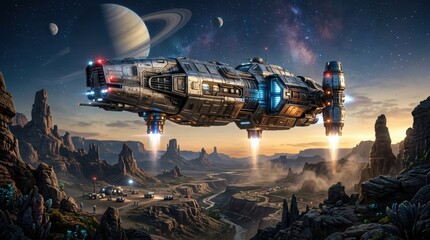 Fototapeta premium Futuristic spaceship hovering over outpost in rugged desert canyon on alien planet