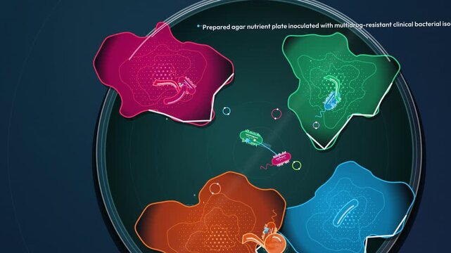 2D animation of multidrug resistant superbug bacteria breaching antibiotic zone of inhibition and exchanging genetic traits through horizontal gene transfer in a petri dish culture