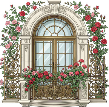 Elegant Vintage French Balcony Vector Illustration with Golden Wrought Iron Railings Stone Arch Arched Window and Blooming Red Rose Vines for Romantic Card Designs