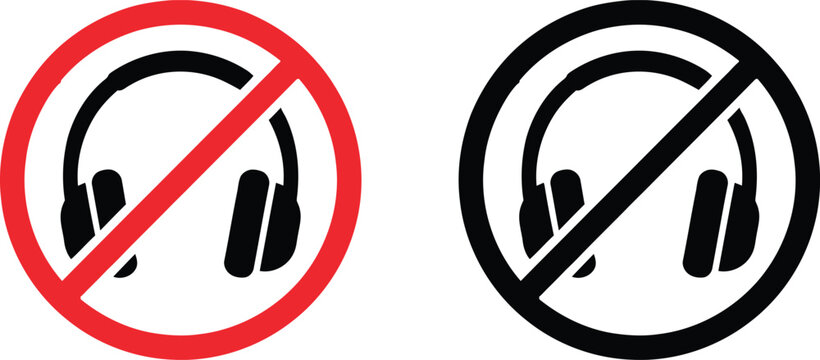 No headphones allowed sign icons with red and black prohibition circles for restricted audio zones