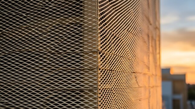 Golden sunset expanded metal mesh, Modern building facade architecture, Diamond pattern lattice cladding, Warm light urban perspective