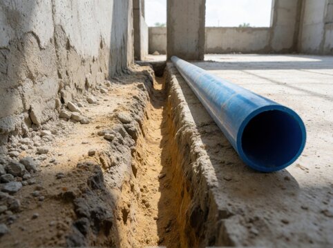 A construction site featuring a blue plastic pipe laying beside a freshly dug trench in concrete.