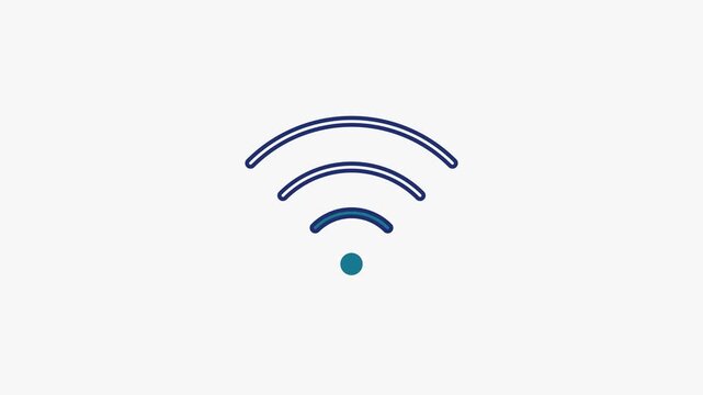 Seamless 4K looping animation of a flat wifi signal icon in blue and azure, centred on a clean light background with plenty of copy space. Simple two tone vector shapes and smooth motion. Horizontal 1