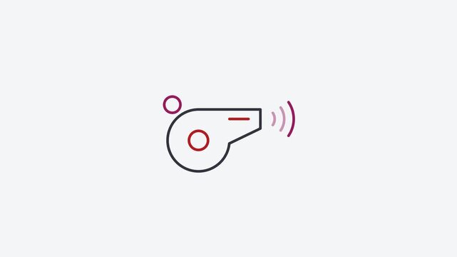 Seamless 4K looping animation of a flat whistle icon in red and crimson, centred on a clean light background with plenty of copy space. Simple two tone vector shapes and smooth motion. Horizontal 16:9