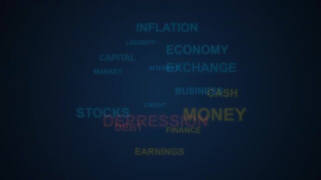 Abstract finance word cloud animation economic concepts financial terms motion graphics