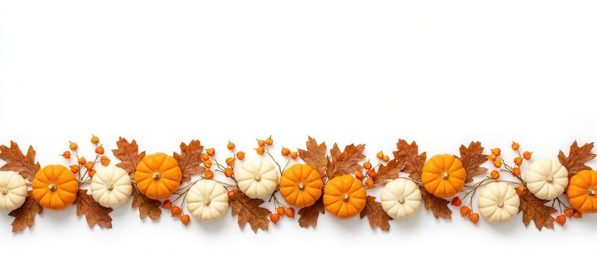 Autumn border banner with orange and white mini pumpkins and oak leaves isolated on white background for harvest thanksgiving seasonal decor