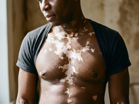 Portrait of beautiful dark skin with unique pigmentation patterns on chest and torso skin close up