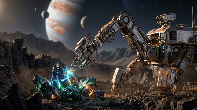 Industrial robotic excavator arm mining glowing crystal minerals on alien planet surface