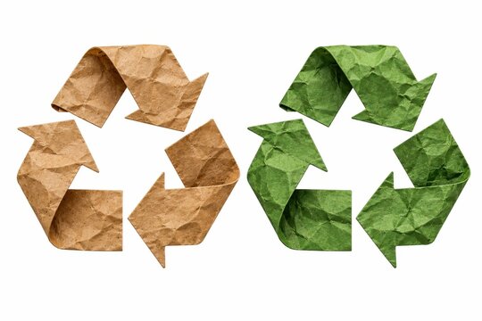 Brown kraft and green crumpled paper recycling symbols with folded arrows isolated on white for sustainability conservation reuse and circular economy concepts