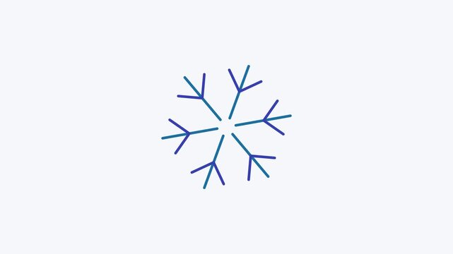 Seamless 4K looping animation of a flat winter snowflake icon in blue and azure, centred on a clean light background with plenty of copy space. Simple two tone vector shapes and smooth motion. Horizon