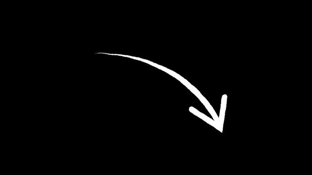 Animated white curved arrow pointing down right on black background.