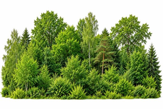 Summer forest tree line with lush green foliage dense shrubs woodland habitat isolated on clean background