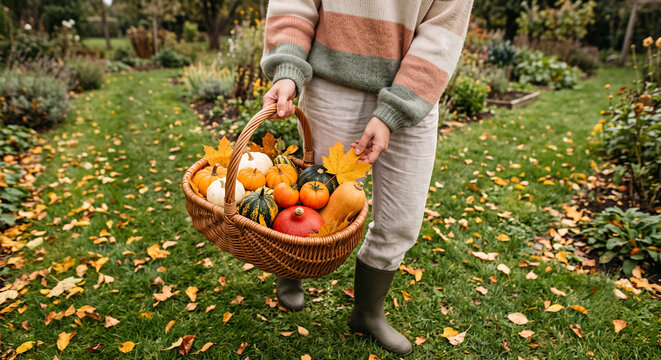 Overhead View of Autumn Harvest Basket Filled with Pumpkins, Gourds and Seasonal Vegetables