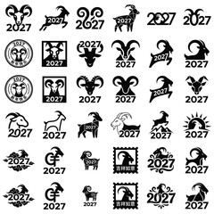 Fototapeta premium Set of black 2027 Chinese New Year goat and ram icons with varied artistic styles and minimalist zodiac emblems