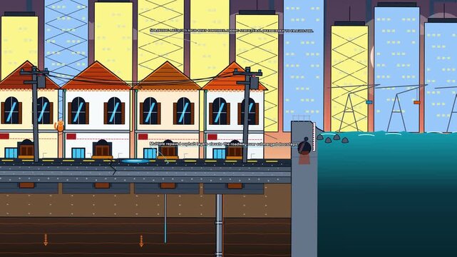 2D animation explaining urban land subsidence caused by excessive deep groundwater extraction and clay compaction, leading to coastal flooding and sinking cities as sea levels rise