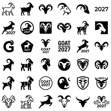 Set of black and white goat and ram icons for the year 2027 zodiac lunar calendar design collection