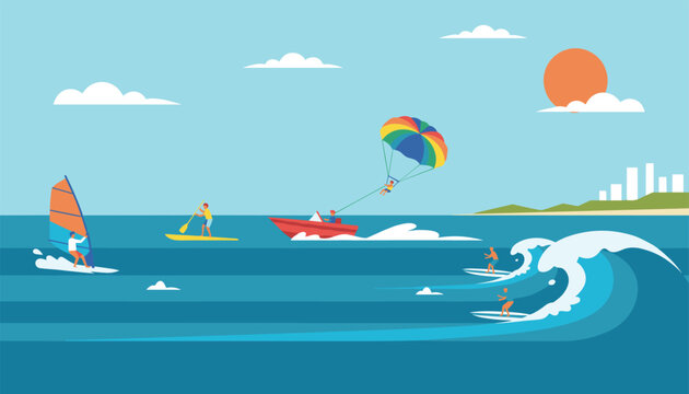 Group of people enjoying various summer water sports including surfing, parasailing, and windsurfing in the blue ocean.