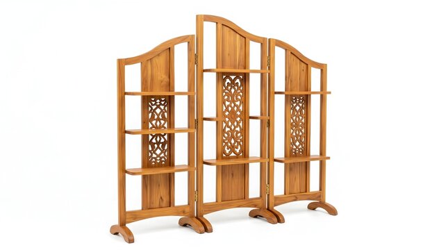 Wooden room divider with integrated shelving and carved panels