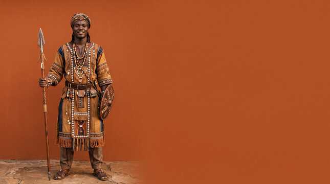 African man dressed in traditional tribal warrior attire holding a spear and a shield ad social media download thambnail poster web template event festival 2026 2027 2028