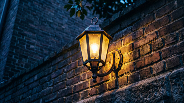 Vintage wall-mounted lantern with glowing yellow light, attached to a dark, textured brick wall at night, outdoor architectural lighting