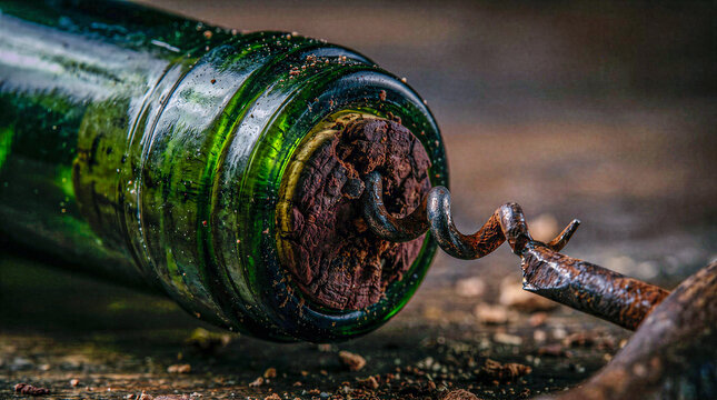 Wine bottle with cork and corkscrew on rustic wooden surface  