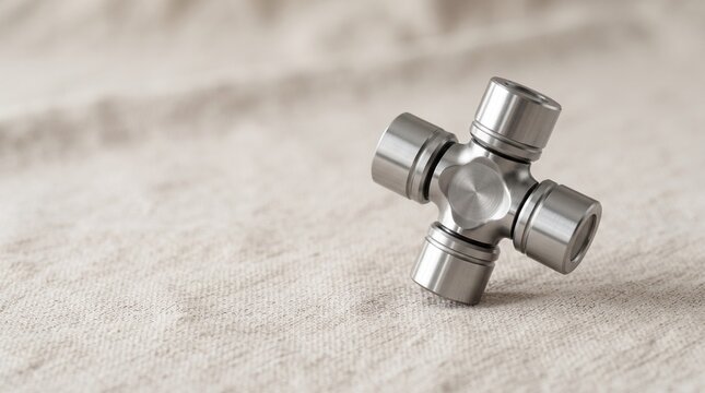 A detailed close-up studio photograph of a polished steel universal joint cross resting on a textured neutral linen fabric background