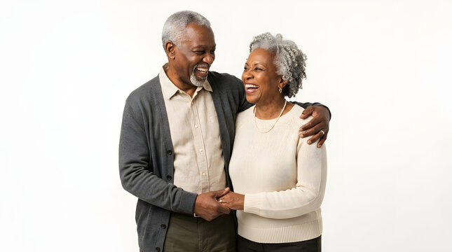 Senior couple embracing and smiling for anniversary or retirement
