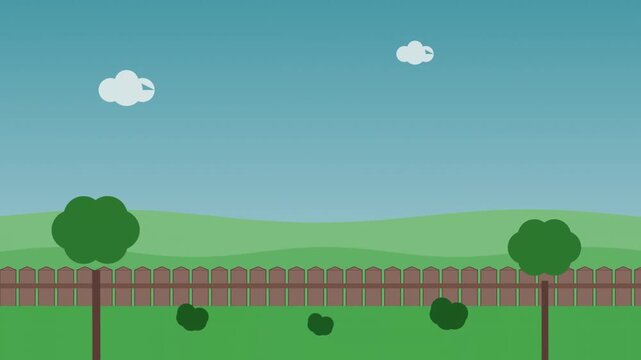 Animated cartoon landscape with drifting clouds and rolling hills peaceful background