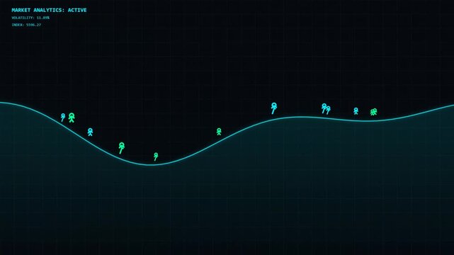 Animated abstract digital graph with glowing neon figures moving on undulating line in dark background