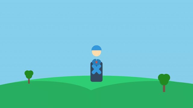 Animated character walks across a grassy field with trees under a blue sky