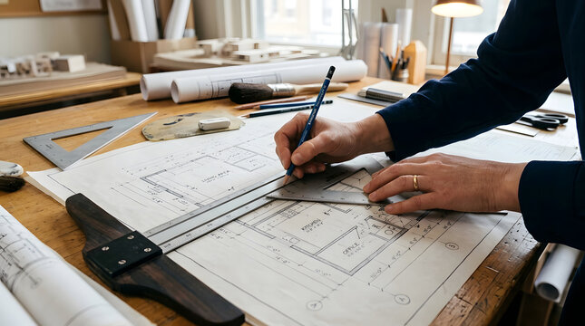 Architect drawing architectural floor plans with pencil and ruler