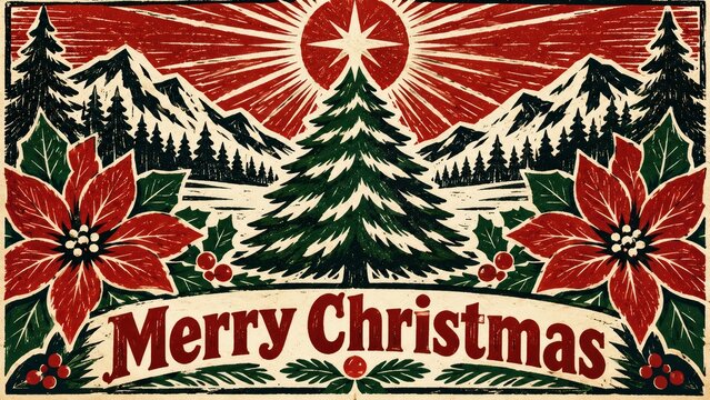 Merry Christmas Folk Art Poster With Pine Tree Poinsettias and Mountains