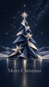 Merry Christmas Geometric Tree Under Starry Winter Night Sky