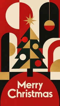 Geometric Merry Christmas Poster With Abstract Tree and Retro Shapes