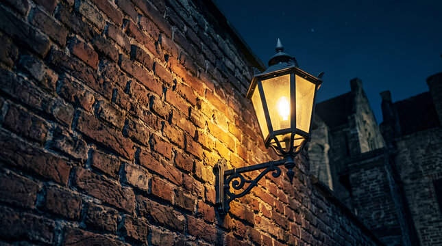 Vintage outdoor wall lantern mounted on a weathered red brick wall, illuminated at night with warm yellow light against a dark blue sky