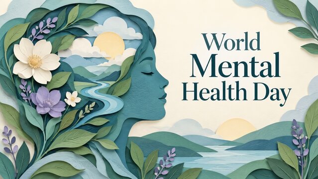 World Mental Health Day Illustration With Woman Profile and Nature Elements