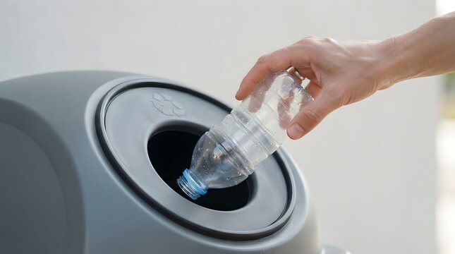 Hand disposing of a plastic water bottle into a recycling container with eco friendly recycling disposal container environment sustainability pollution conservation recycled