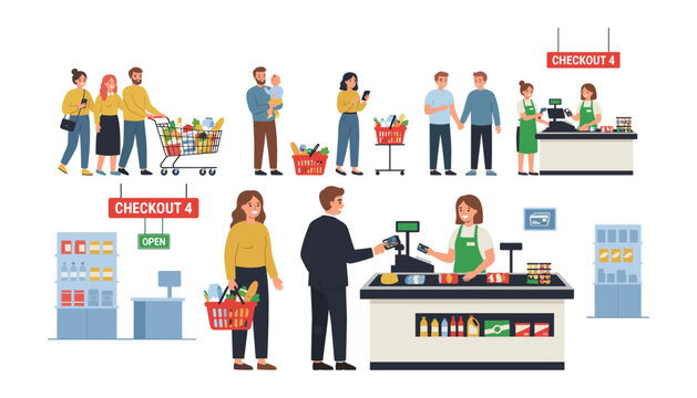 Set of cartoon diverse people buying groceries standing in line and paying cashiers at supermarket checkouts isolated on white background