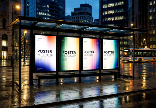 Illuminated Bus Stop Poster Shelter Mockup on Wet City Street at Night