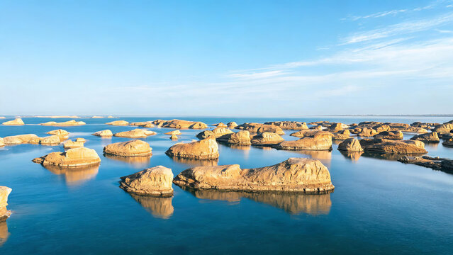 Unique water-covered yardang rock formations spread across a calm blue lake under a clear sunny sky.