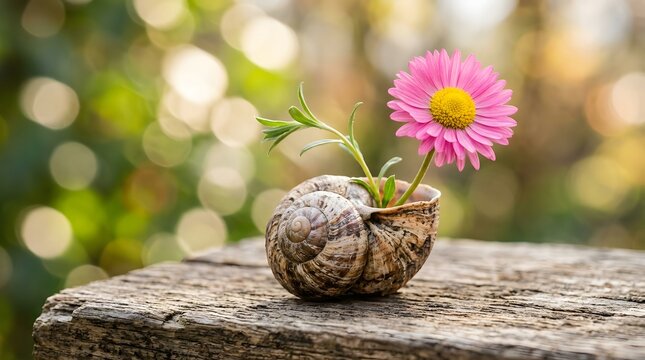 Pink daisy flower growing from a snail shell on a rustic wooden