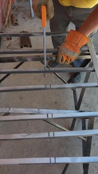 Sawing Metal Bar Precisely Along Marked Cutting Line