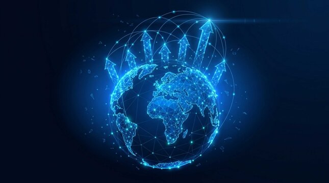Glowing digital earth globe with rising arrows pointing upward, symbolizing global business growth and technology expansion