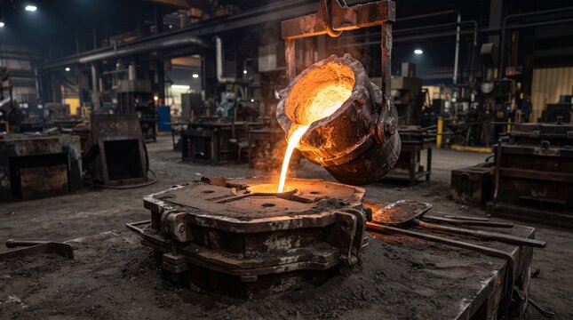 Molten Metal Sand Casting Process in a Heavy Industrial Foundry