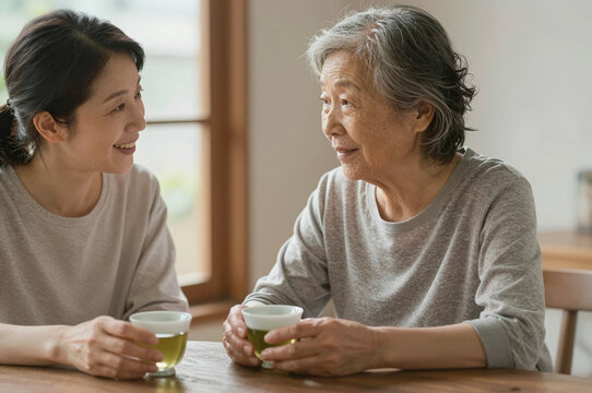 Daughter and her elderly mother talking over tea