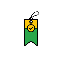 Green price tag icon with checkmark symbol. © bryant