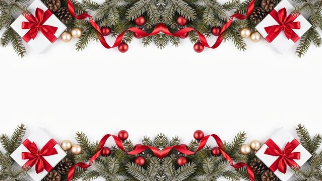 Festive holiday flat lay border featuring white gift boxes wrapped with vibrant red ribbons and evergreen pine branches