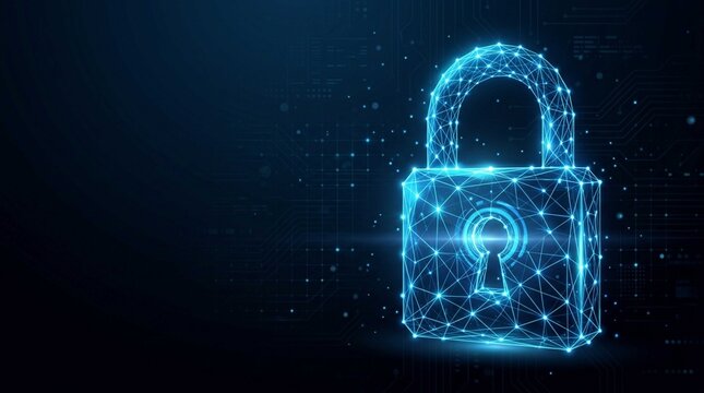 Glowing digital padlocks formed from wireframe low poly mesh protect network connection symbolizing cybersecurity and data privacy