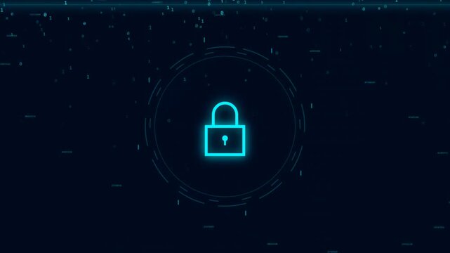Cybersecurity secure padlock icon glowing blue on dark digital background with particles
