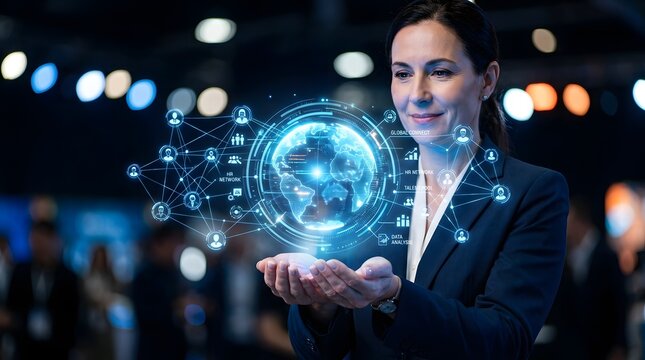 Businesswoman holding a digital holographic globe representing global human resources and data network connectivity